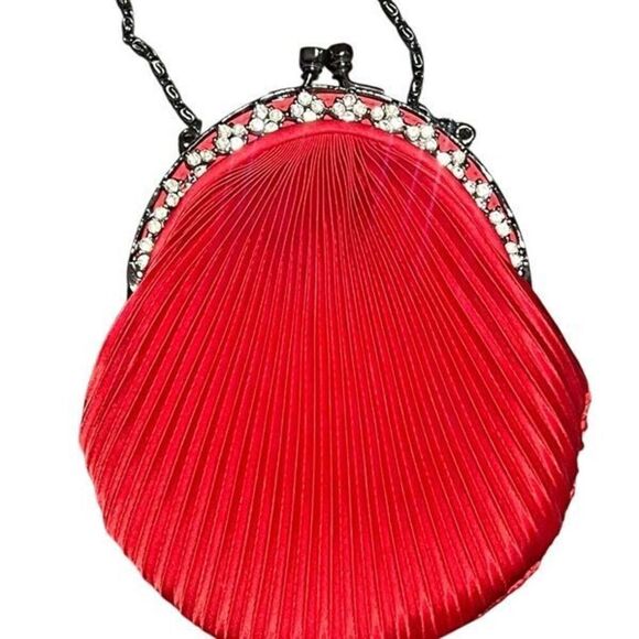 Kate Landry Red Pleated Silk Cocktail Purse Clutch with Rhinestones - Picture 2 of 5